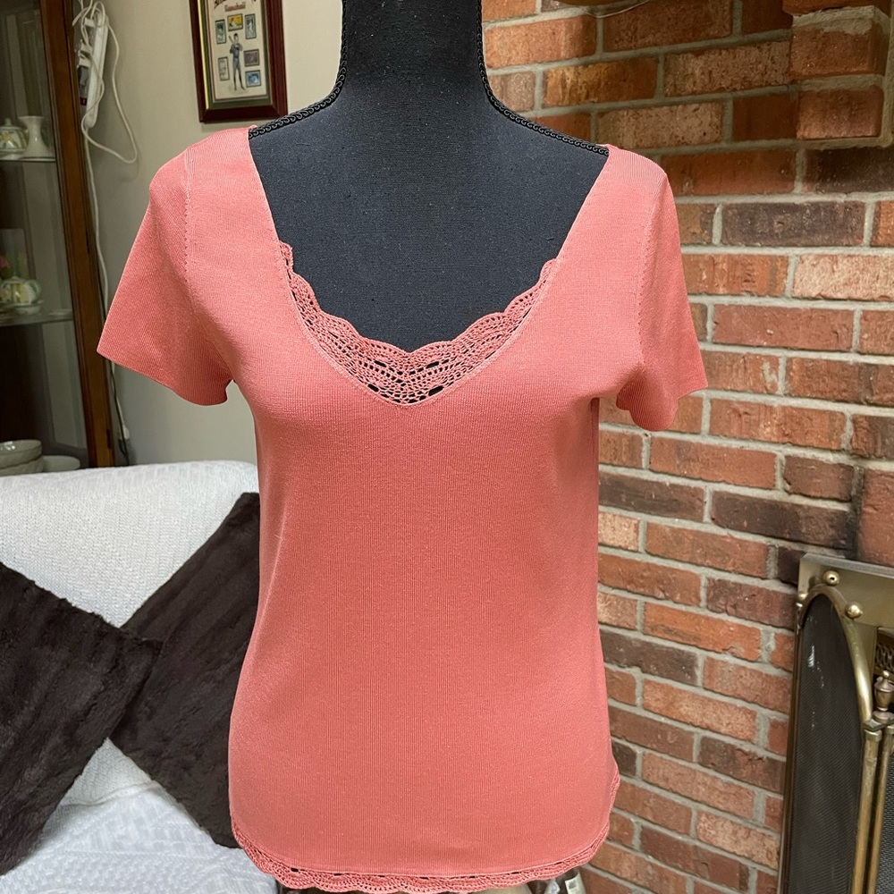 Ann Taylor dark peach top with lace v-neck and lace trim.